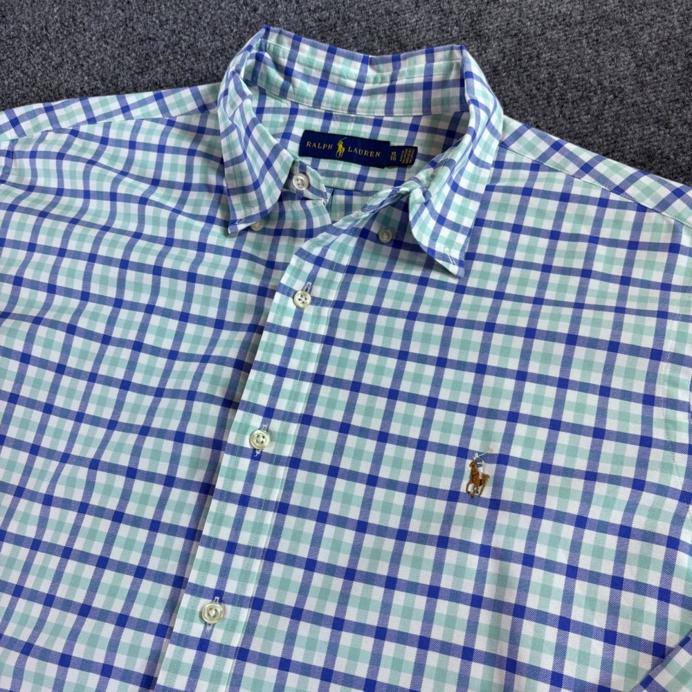 Ralph Lauren Button Down Shirt Mens XL Blue Green Check Plaid Cotton Long Sleeve